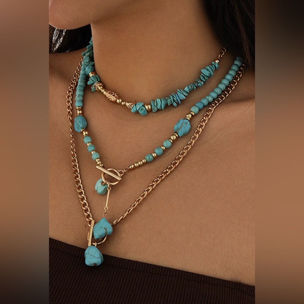 Turquoise and Gold Layered Necklace Set - Picture 2 of 5
